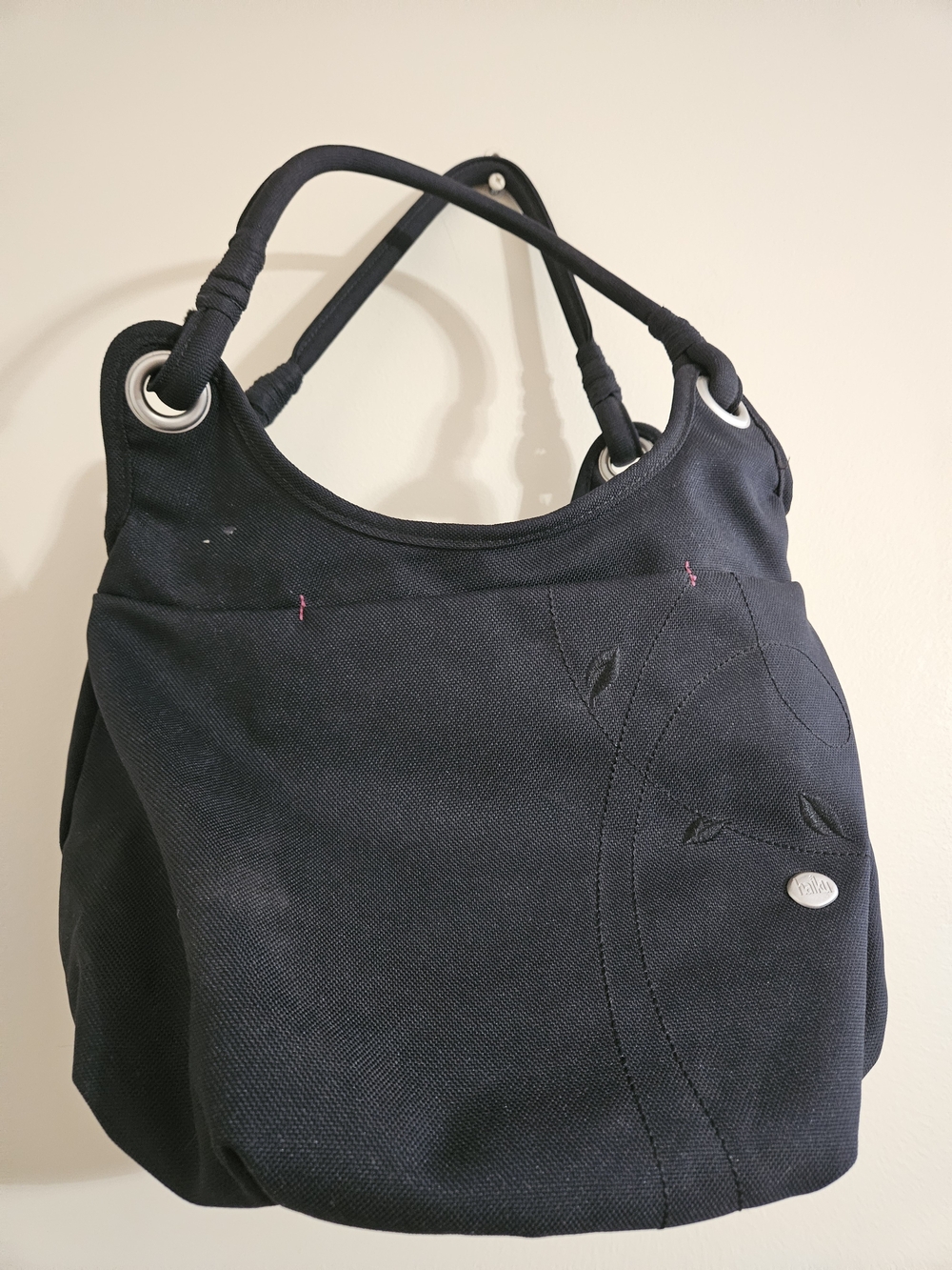 Black Women's Haiku Canvas Hobo Bag with Embroidered Detail